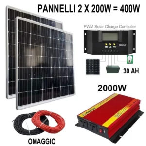 Kit Fotovoltaico 3 KW Pwm Inverter 2000W 2 Pannello Solare 400W regolatore 50 AH